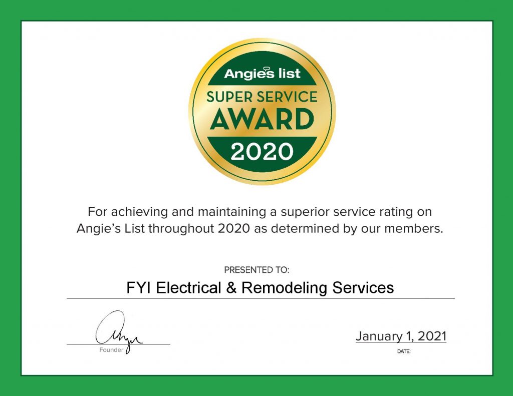 A certificate of appreciation for fyi electrical and remodeling services.