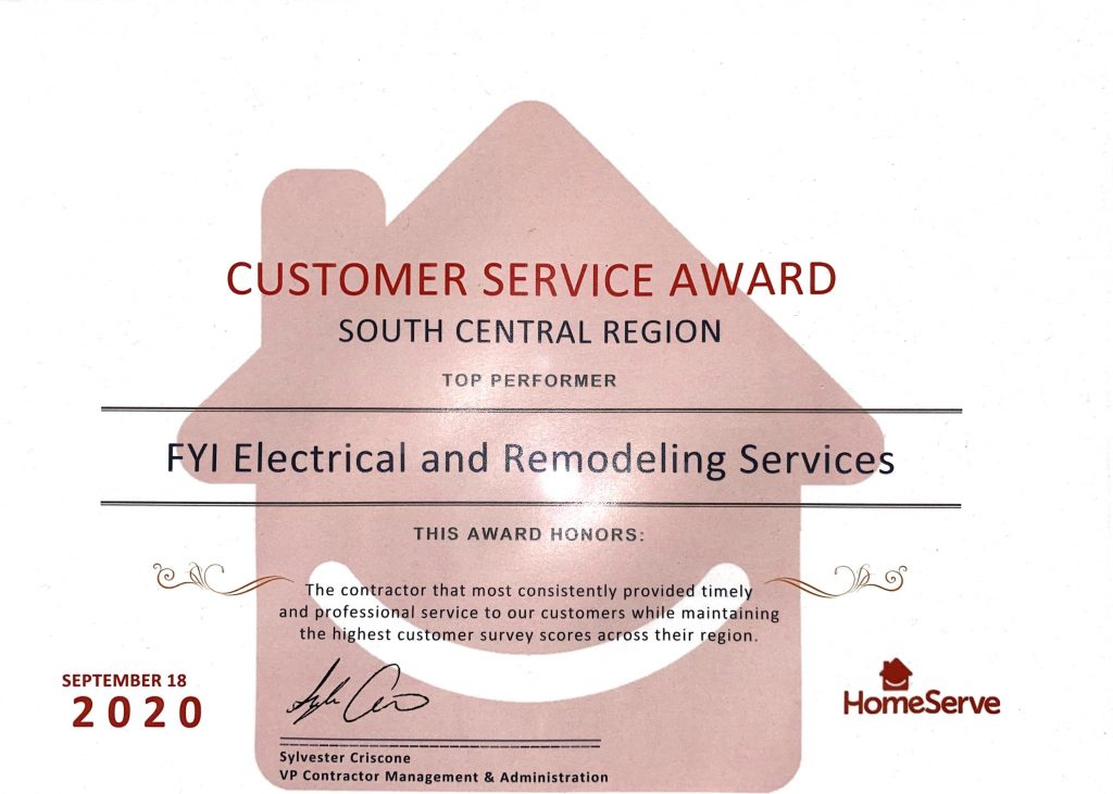 A certificate of excellence for fyi electrical and remodeling services.